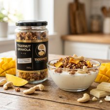 TIGERNUT Granola s bielou čokoládou, kešu a mangom