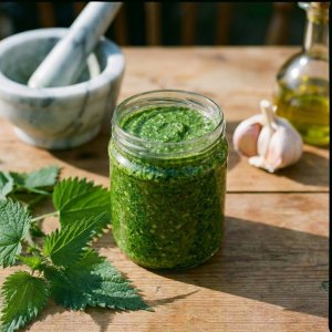 Kopřivové pesto s olejem a moukou z tygřího ořechu