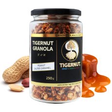 Granola z lupienkov lúpaného tigrieho orecha z Valencie s arašidmi a slaným karamelom