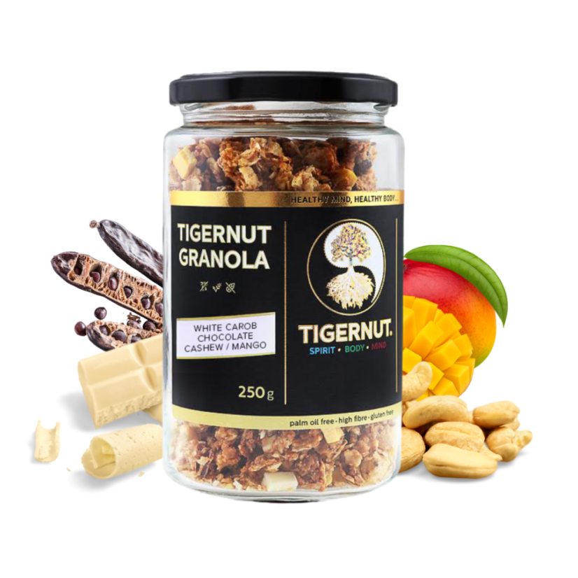 TIGERNUT Granola s bielou karobovou čokoládou, kešu a mangom
