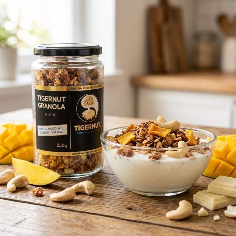 TIGERNUT granola z białą czekoladą, nerkowcami i mango