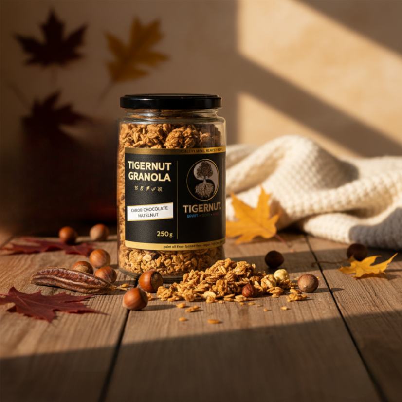 TIGERNUT Granola aus geschälten Erdmandel-Flakes aus Valencia mit Carob-Schokolade und Haselnüssen
