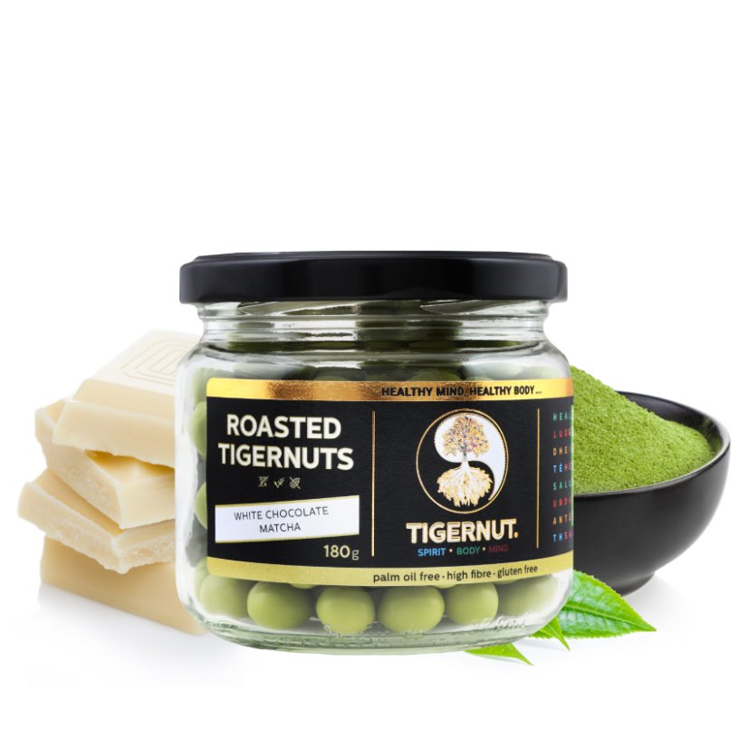 Geröstete Erdmandeln mit weißer Schokolade und Matcha