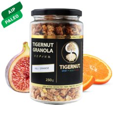 Granola z lupienkov lúpaného tigrieho orecha z Valencie s figami a pomarančom