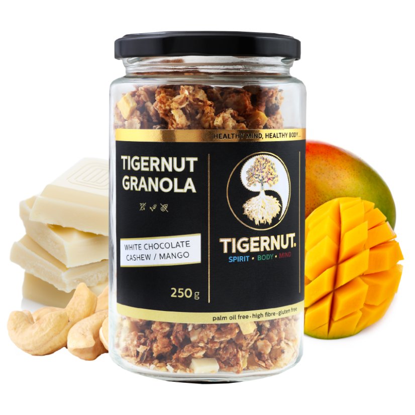 TIGERNUT Granola with white chocolate, cashews, and mango