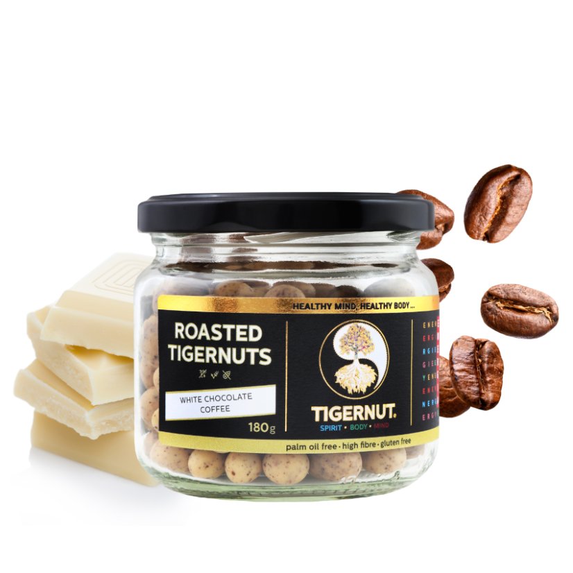 Roasted tiger nuts with white chocolate and coffee